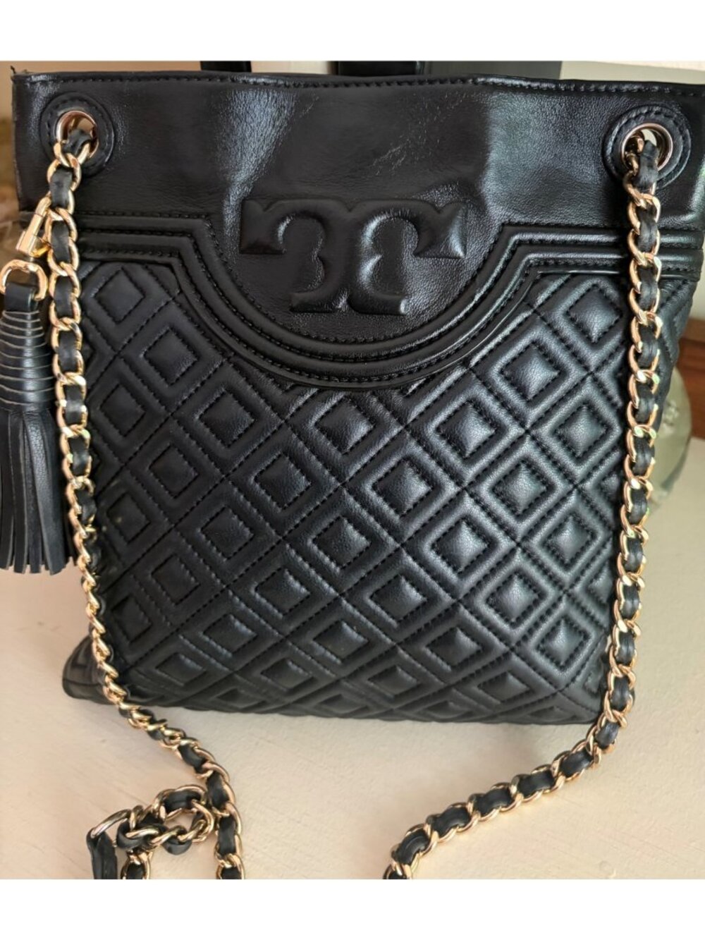 Tory Burch Fleming Swingpack Quilted Black Leather Crossbody Shoulder Bag